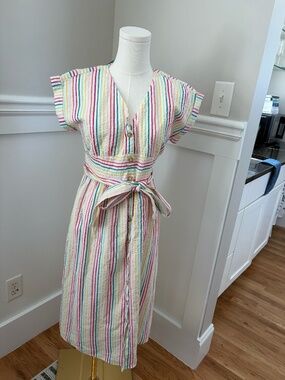 LOFT Petite Rainbow Stripe Midi Dress Tie Waist Button Front NWT Size 2P